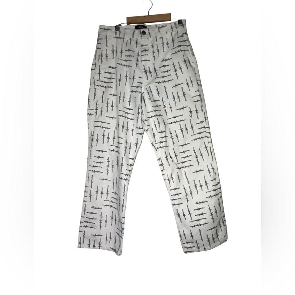 HUF White Pants with Black Barbed Wire Design